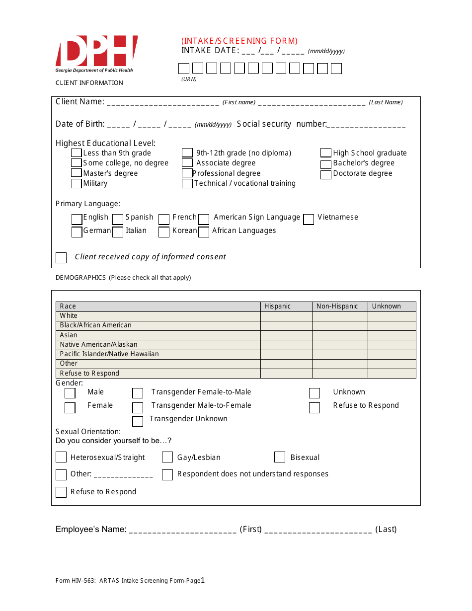 Form HIV-563 Artas Intake Screening Form - Georgia (United States), Page 1