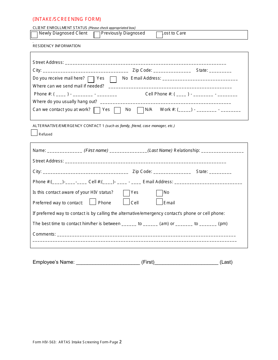 Form HIV-563 Artas Intake Screening Form - Georgia (United States), Page 2