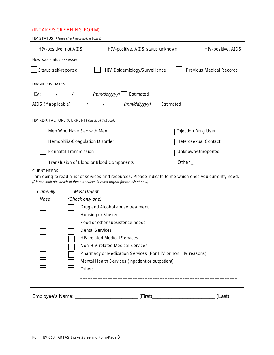 Form HIV-563 Artas Intake Screening Form - Georgia (United States), Page 3