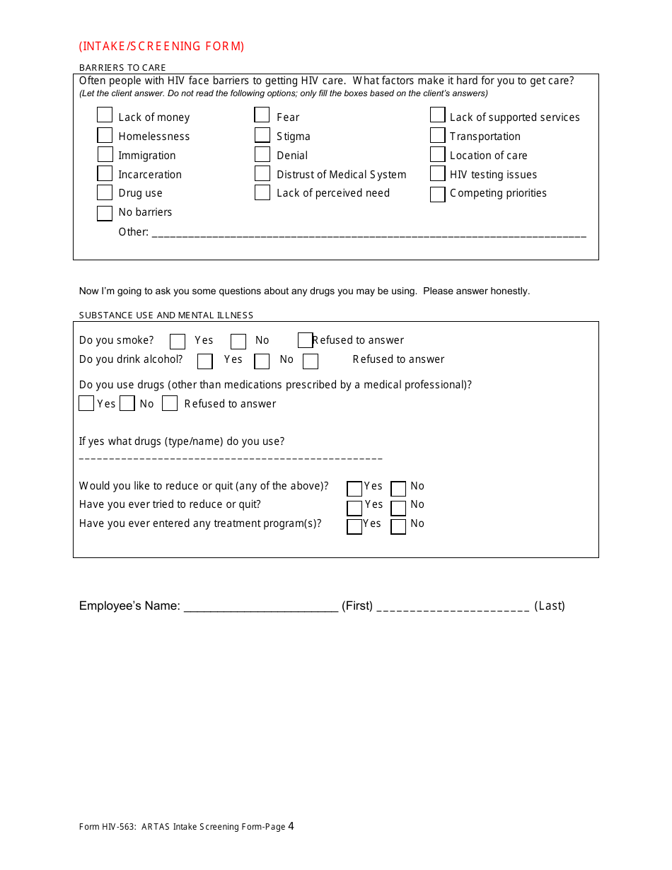 Form HIV-563 Artas Intake Screening Form - Georgia (United States), Page 4