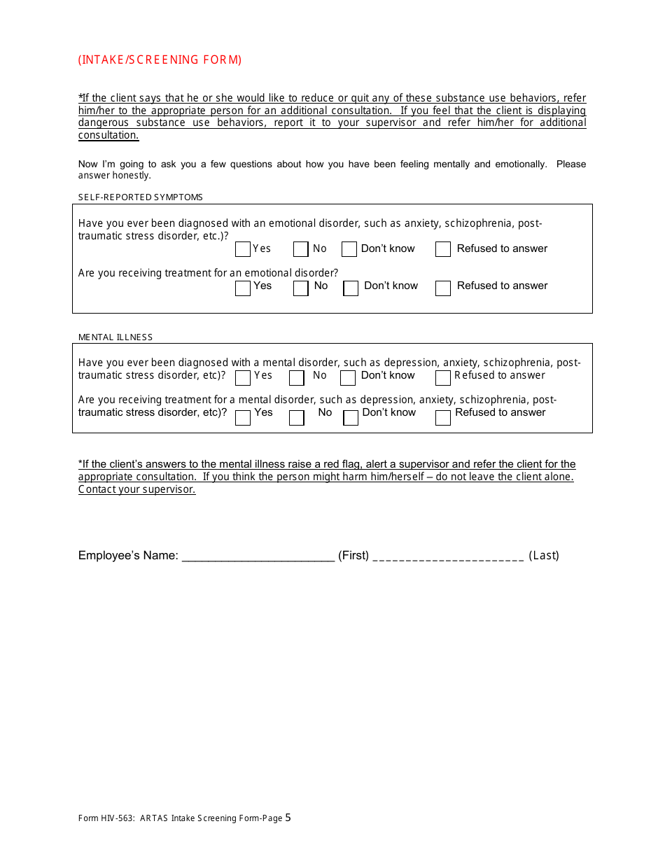 Form HIV-563 Artas Intake Screening Form - Georgia (United States), Page 5