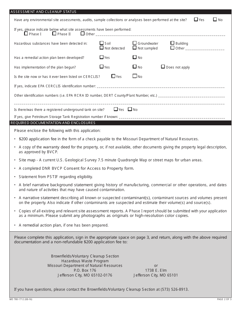 Form MO780-1712 Brownfields / Voluntary Cleanup Program (Bvcp) Application - Missouri, Page 2