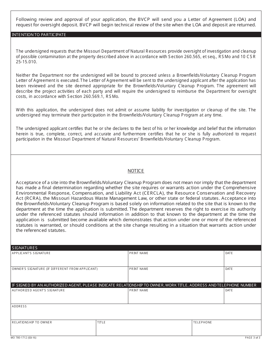 Form MO780-1712 Brownfields / Voluntary Cleanup Program (Bvcp) Application - Missouri, Page 3