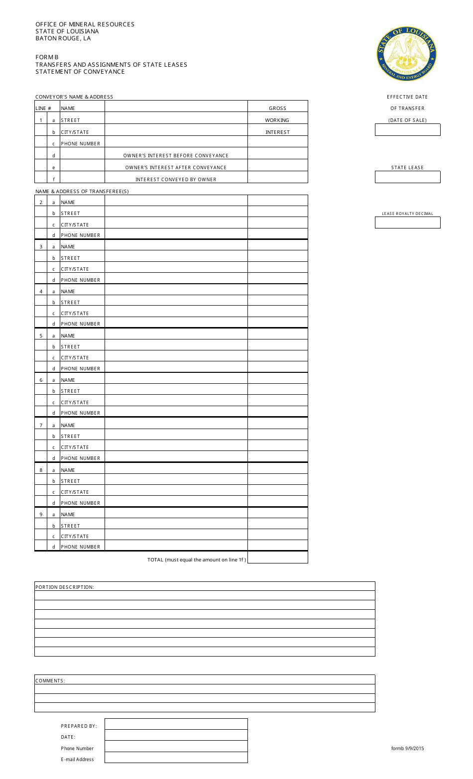 Form B Transfers and Assignments of State Leases Statement of Conveyance - Louisiana, Page 1