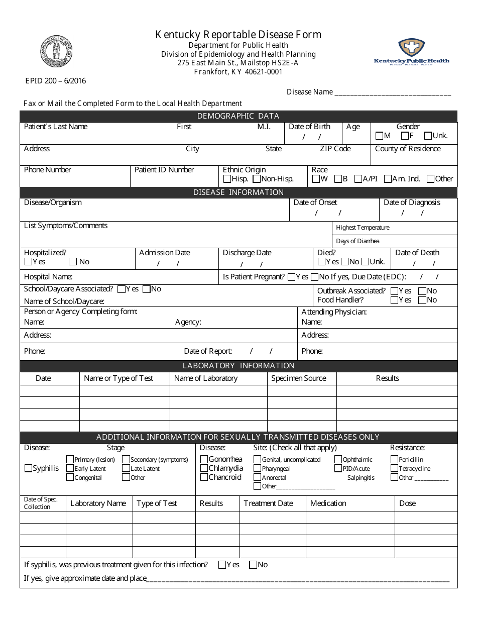 Form EPID200 Kentucky Reportable Disease Form - Kentucky, Page 1