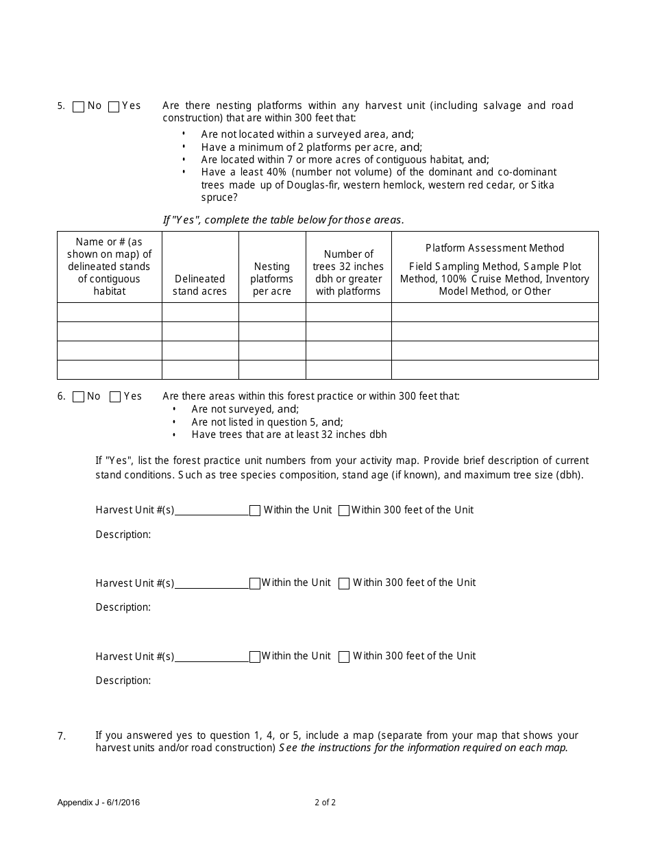 Appendix J Marbled Murrelet Form - Western Washington Forest Practices Application / Notification - Washington, Page 2