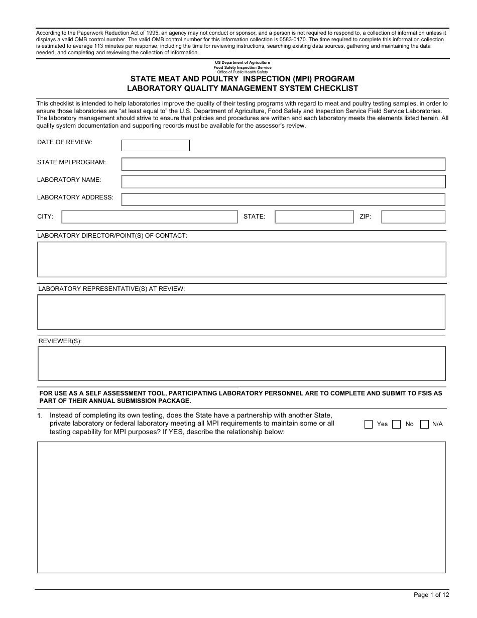 FSIS Form 5720-14 State Meat and Poultry Inspection (Mpi) Program Laboratory Quality Management System Checklist, Page 1