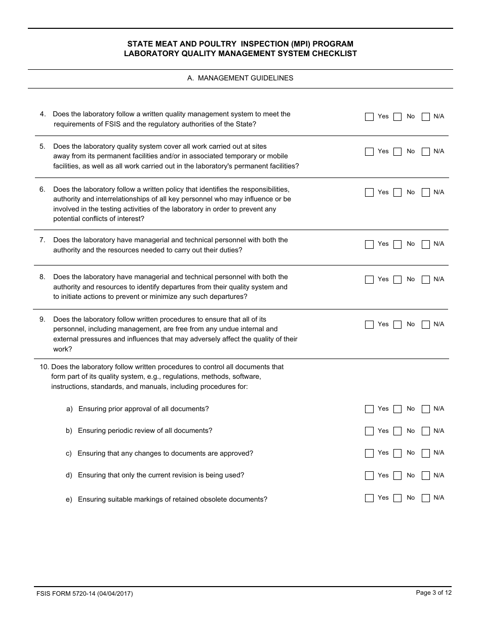 FSIS Form 5720-14 State Meat and Poultry Inspection (Mpi) Program Laboratory Quality Management System Checklist, Page 3