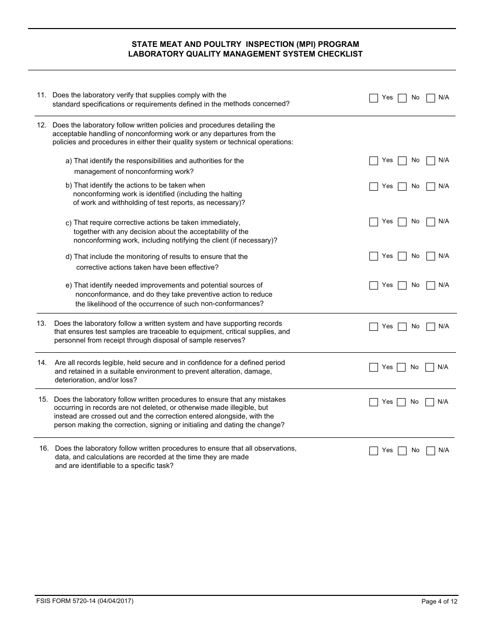 FSIS Form 5720-14 State Meat and Poultry Inspection (Mpi) Program Laboratory Quality Management System Checklist, Page 4