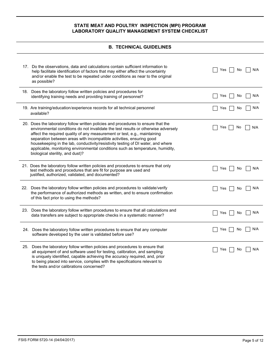 FSIS Form 5720-14 State Meat and Poultry Inspection (Mpi) Program Laboratory Quality Management System Checklist, Page 5