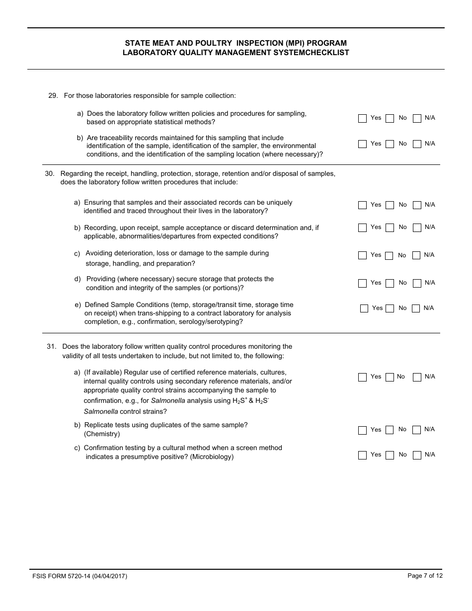 FSIS Form 5720-14 State Meat and Poultry Inspection (Mpi) Program Laboratory Quality Management System Checklist, Page 7