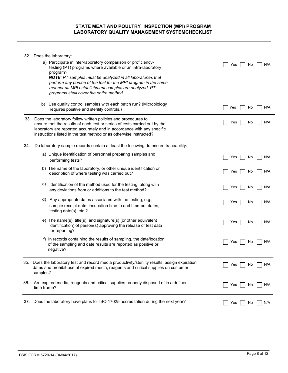 FSIS Form 5720-14 State Meat and Poultry Inspection (Mpi) Program Laboratory Quality Management System Checklist, Page 8