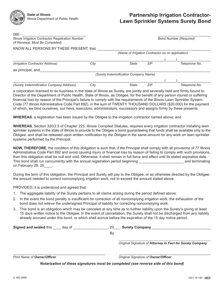 Form IL482-0690 Partnership Irrigation Contractor - Lawn Sprinkler Systems Surety Bond - Illinois, Page 1