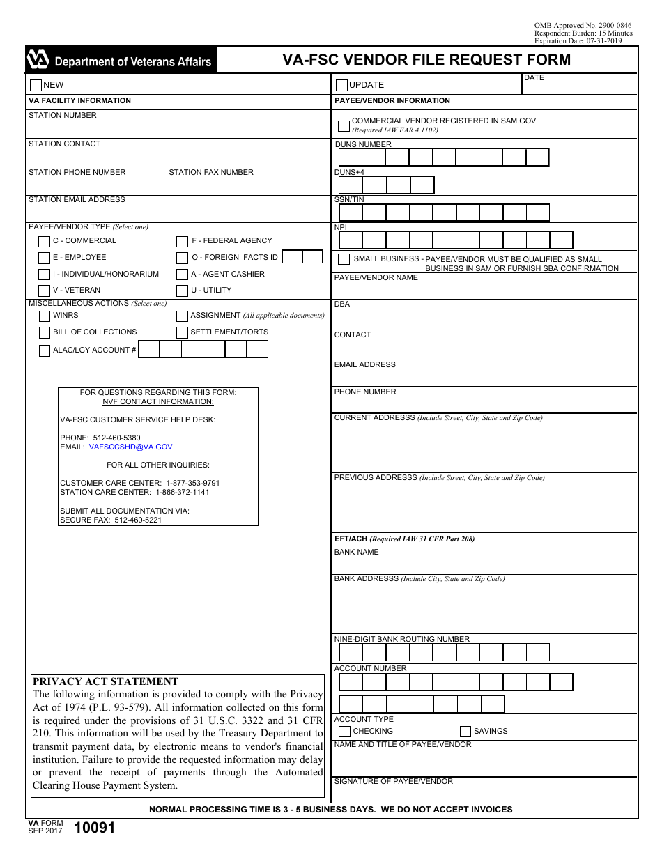 VA Form 10091 FSC Vendor File Request Form, Page 1