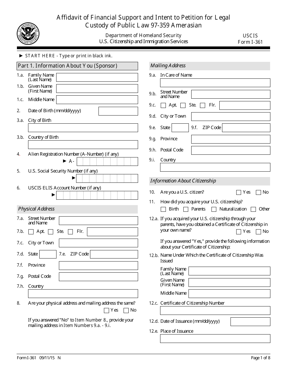 USCIS Form I-361 Affidavit of Financial Support and Intent to Petition for Legal Custody for Public Law 97-359 Amerasian, Page 1
