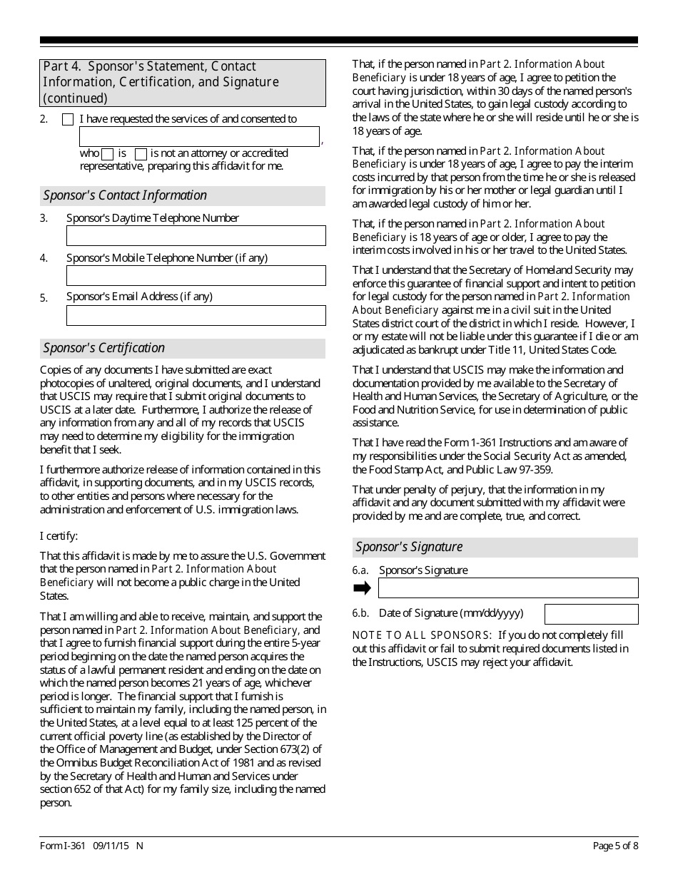 USCIS Form I-361 Affidavit of Financial Support and Intent to Petition for Legal Custody for Public Law 97-359 Amerasian, Page 5