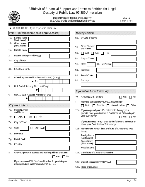 USCIS Form I-361  Printable Pdf