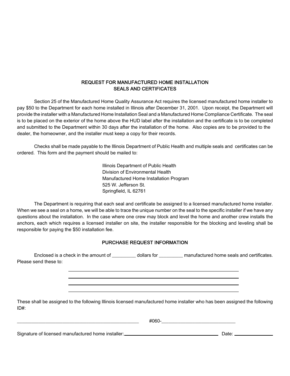 Request for Manufactured Home Installation Seals and Certificates - Illinois, Page 1