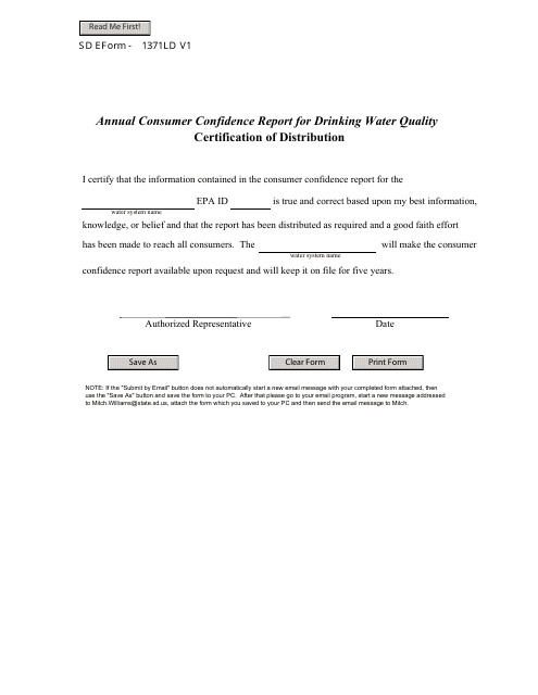 Form 1371LD Annual Consumer Confidence Report for Drinking Water Quality Certification of Distribution - South Dakota