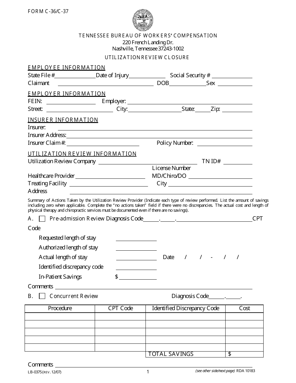Form C-36 (C-37; LB-0375) Utilization Review Closure - Tennessee, Page 1
