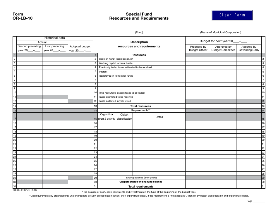 Form OR-LB-10 (150-504-010) Special Fund Resources and Requirements - Oregon, Page 1