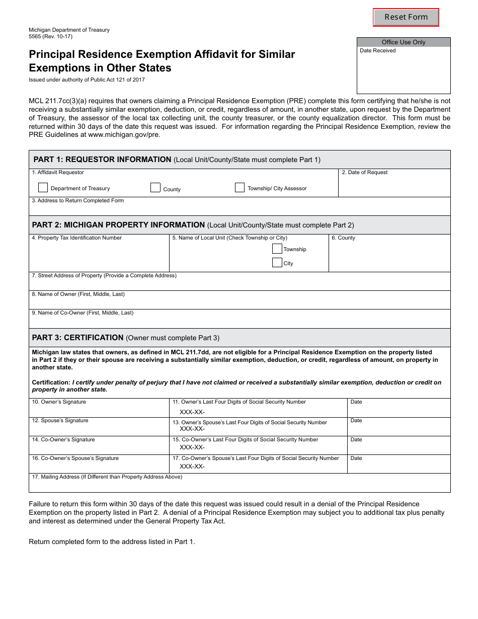 Form 5565 Principal Residence Exemption Affidavit for Similar Exemptions in Other States - Michigan, Page 1