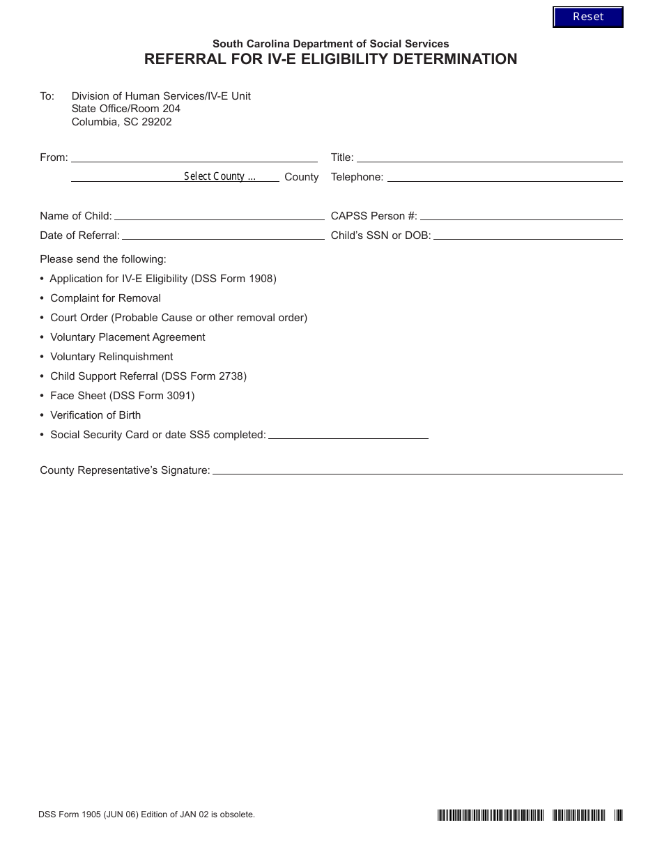 DSS Form 1905 Referral for IV-E Eligibility Determination - South Carolina, Page 1