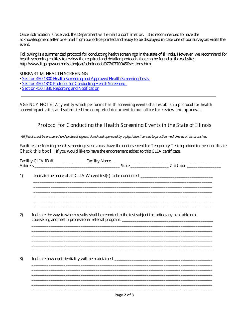 Protocol for Conducting the Health Screening Events in the State of Illinois - Illinois, Page 2