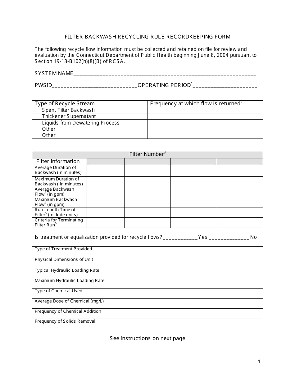 Filter Backwash Recycling Rule Recordkeeping Form - Connecticut, Page 1
