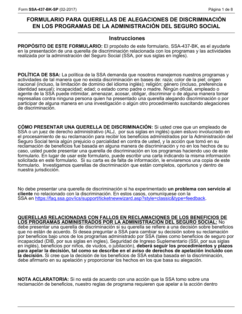 Formulario SSA-437-BK-SP Formulario De Querella Por Discriminacion (Spanish), Page 1