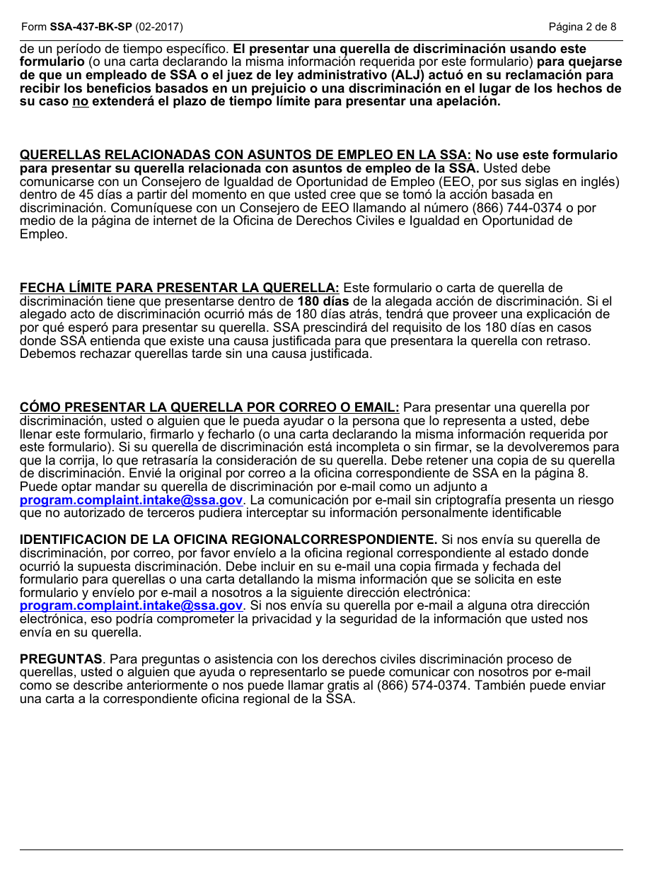 Formulario SSA-437-BK-SP Formulario De Querella Por Discriminacion (Spanish), Page 2