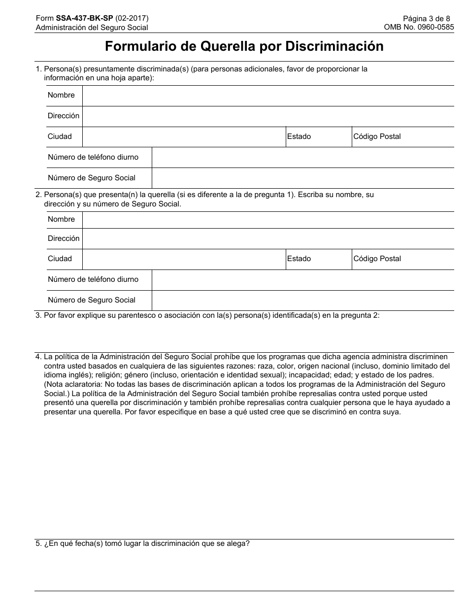 Formulario SSA-437-BK-SP Formulario De Querella Por Discriminacion (Spanish), Page 3
