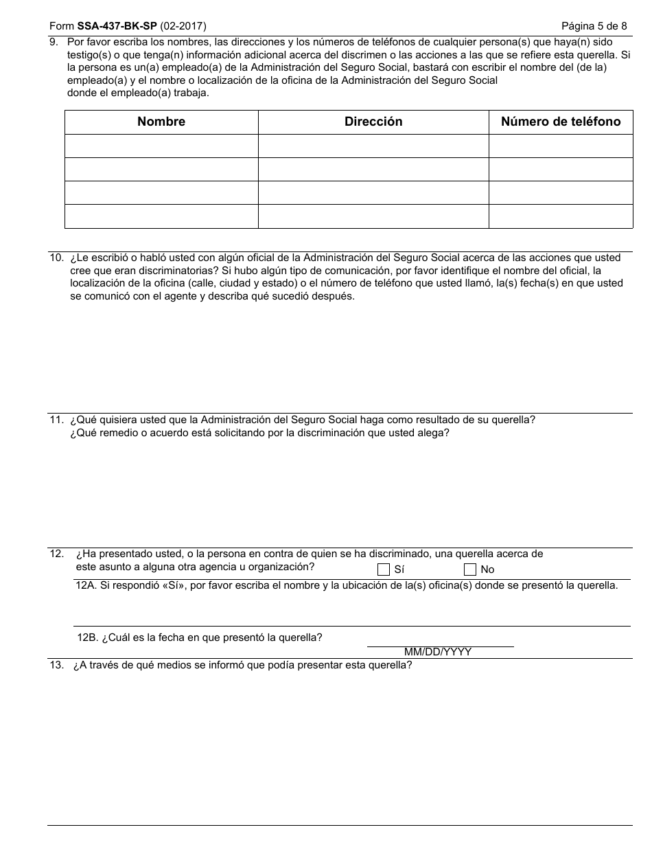 Formulario SSA-437-BK-SP Formulario De Querella Por Discriminacion (Spanish), Page 5