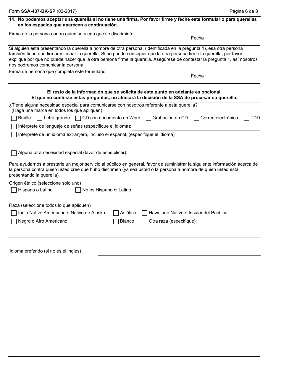 Formulario SSA-437-BK-SP Formulario De Querella Por Discriminacion (Spanish), Page 6
