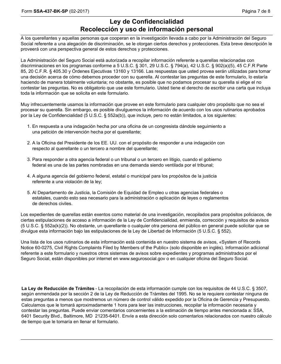 Formulario SSA-437-BK-SP Formulario De Querella Por Discriminacion (Spanish), Page 7