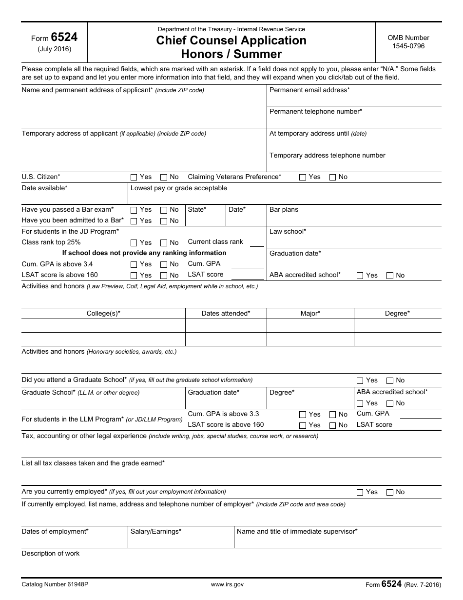 IRS Form 6524 Chief Counsel Application Honors / Summer, Page 1