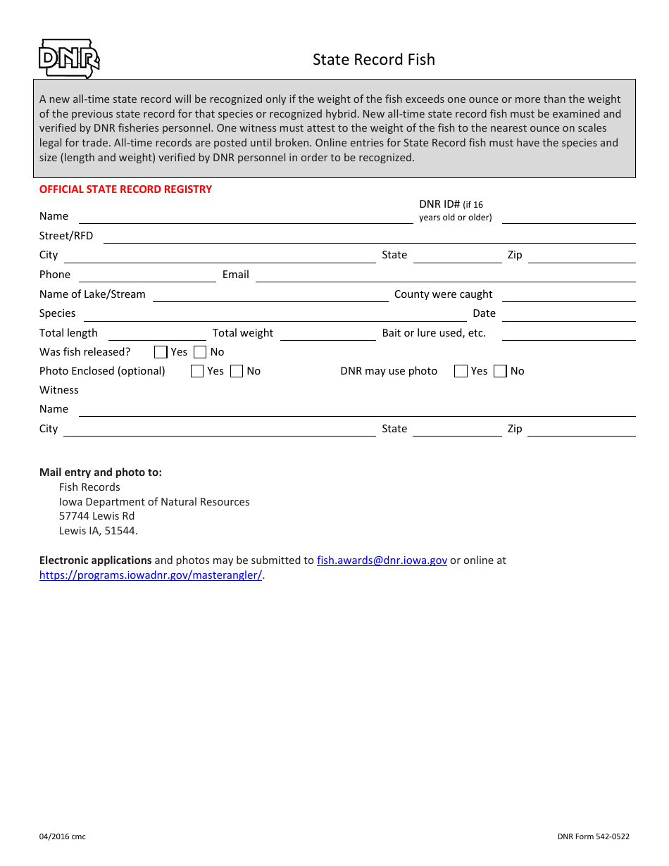 DNR Form 542-0522 State Record Fish - Iowa, Page 1