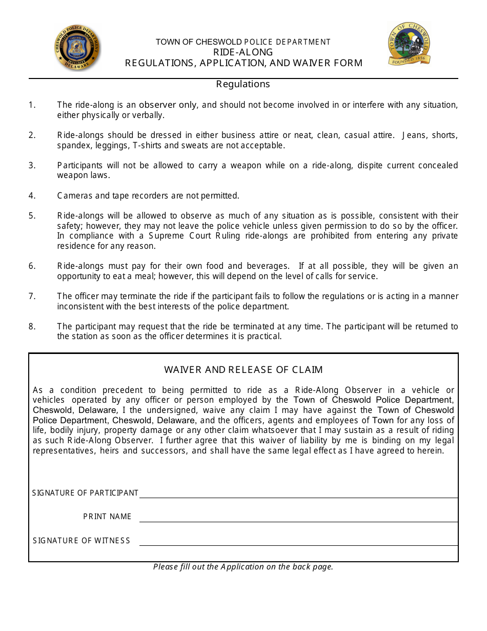 Ride-Along Application / Waiver Form - Town of Cheswold, Delaware, Page 1
