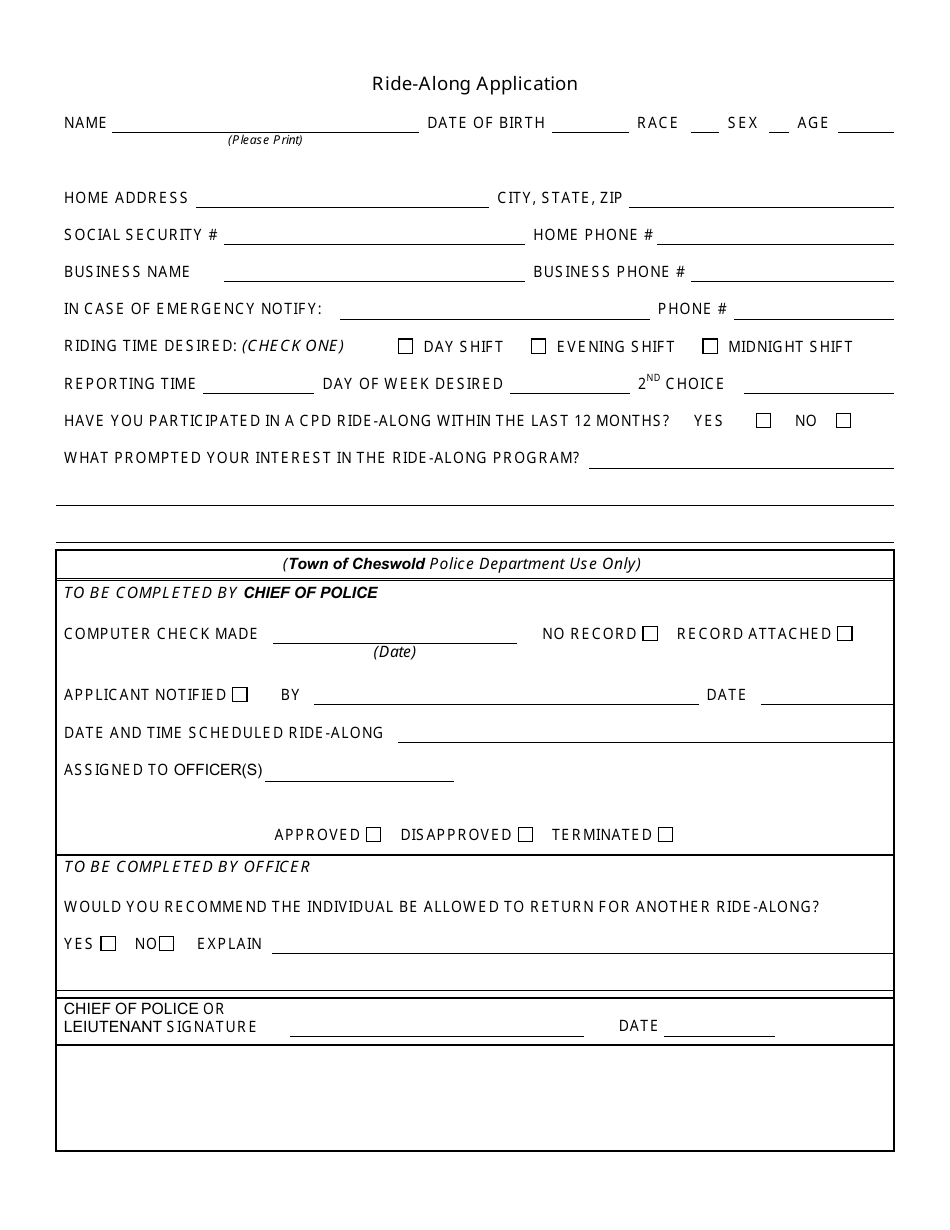 Ride-Along Application / Waiver Form - Town of Cheswold, Delaware, Page 2