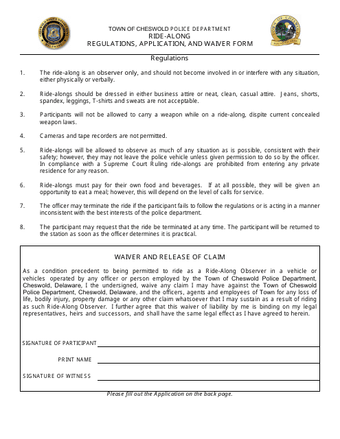 Ride-Along Application / Waiver Form - Town of Cheswold, Delaware Download Pdf