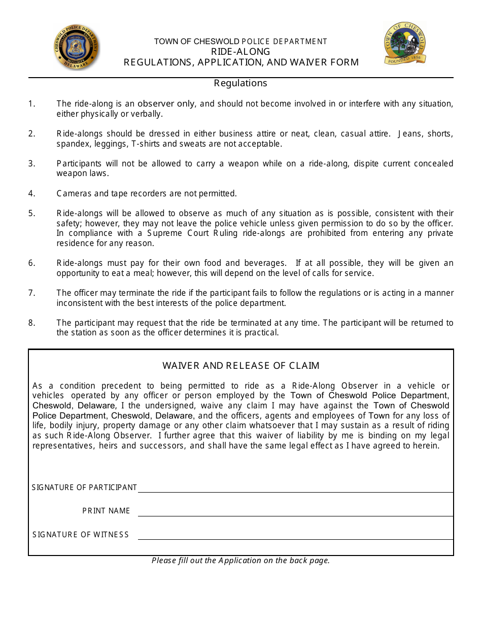 Town of Cheswold, Delaware RideAlong Application / Waiver Form Fill