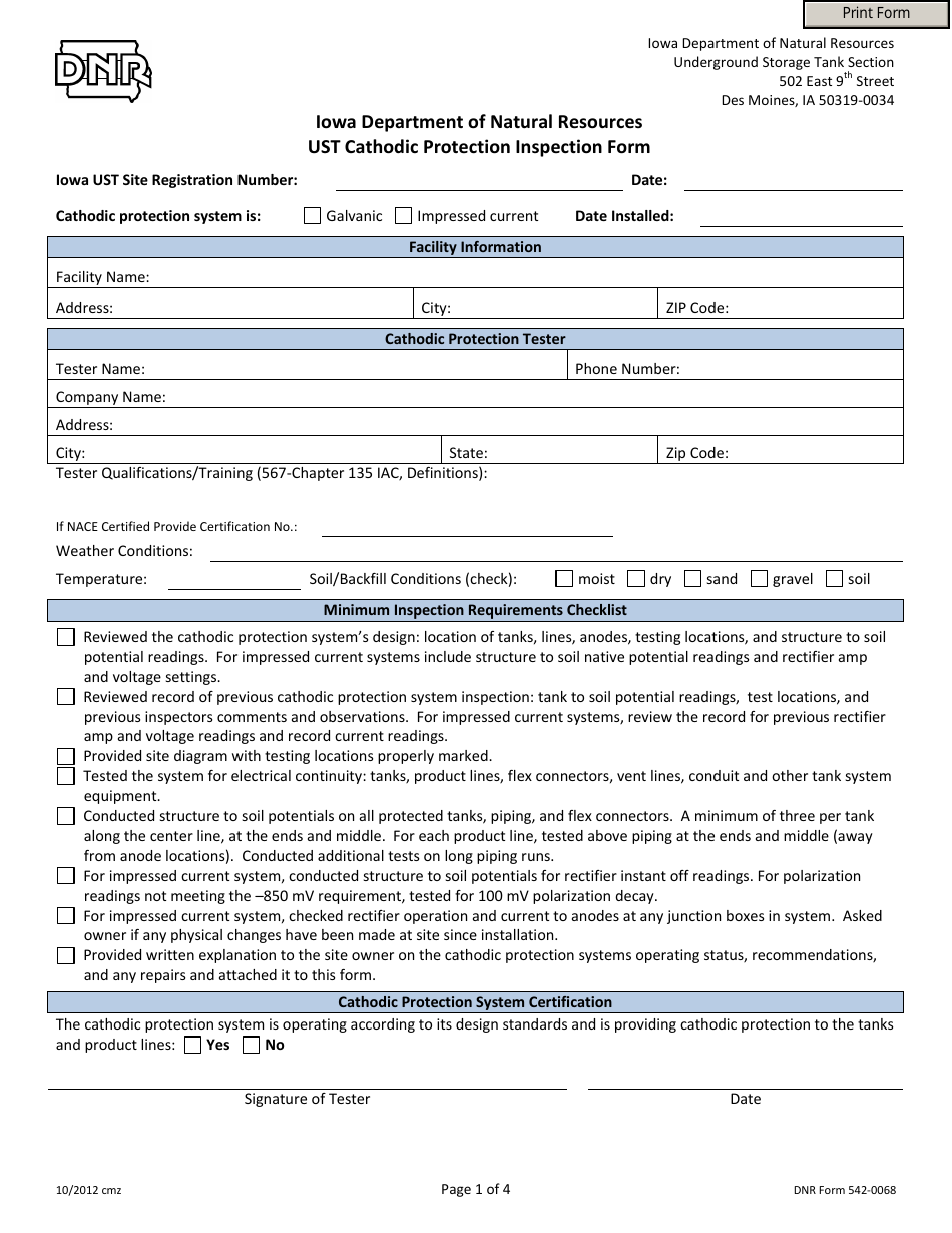 DNR Form 542-0068 Ust Cathodic Protection Inspection Form - Iowa, Page 1