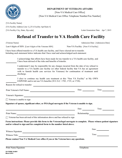 VA Form 10-8001 Refusal of Transfer to VA Health Care Facility