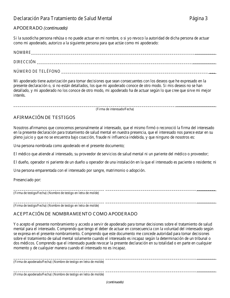 Declaracion Para Tratamiento De Salud Mental - Illinois (Spanish), Page 3