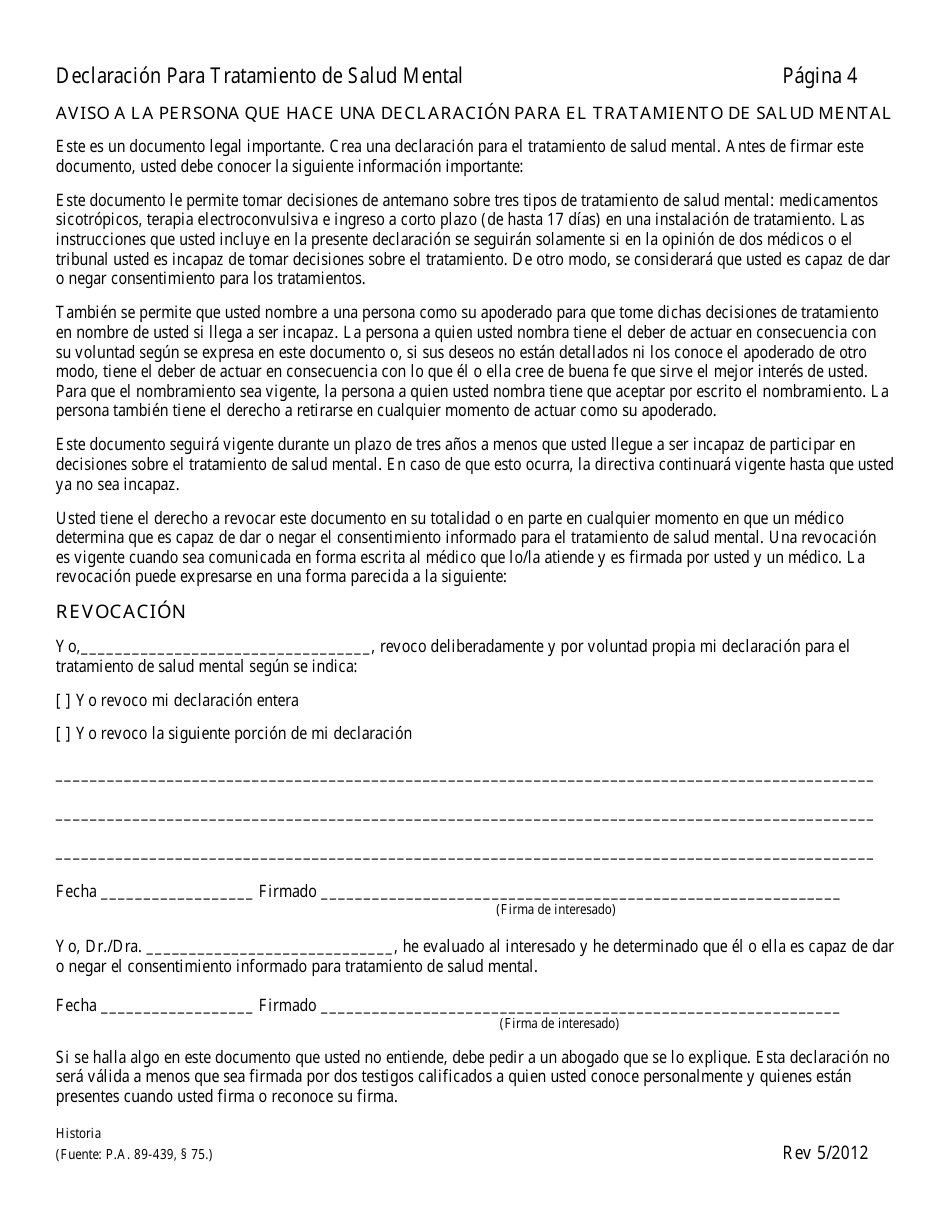 Declaracion Para Tratamiento De Salud Mental - Illinois (Spanish), Page 4