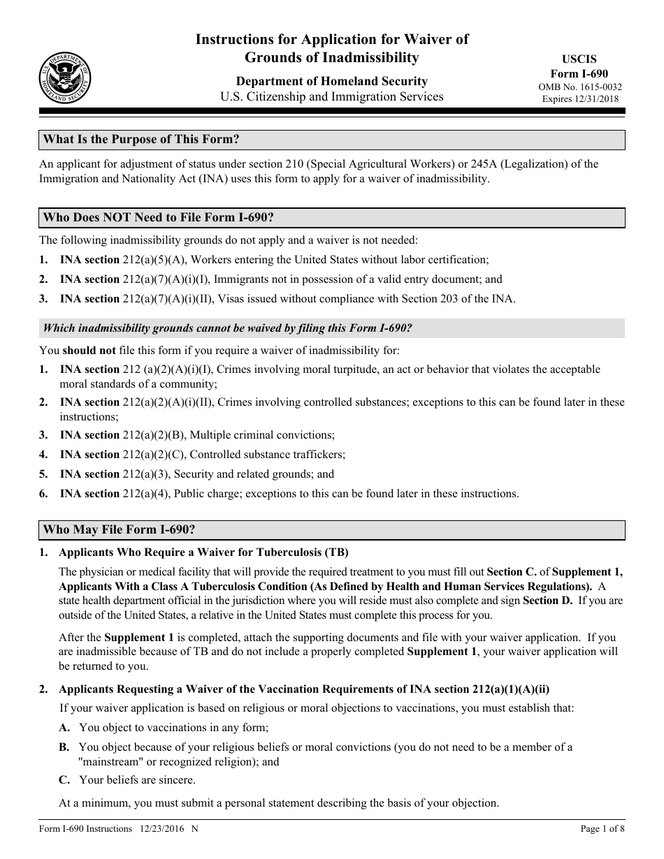 Instructions for USCIS Form I-690 Application for Waiver of Grounds of Inadmissibility, Page 1