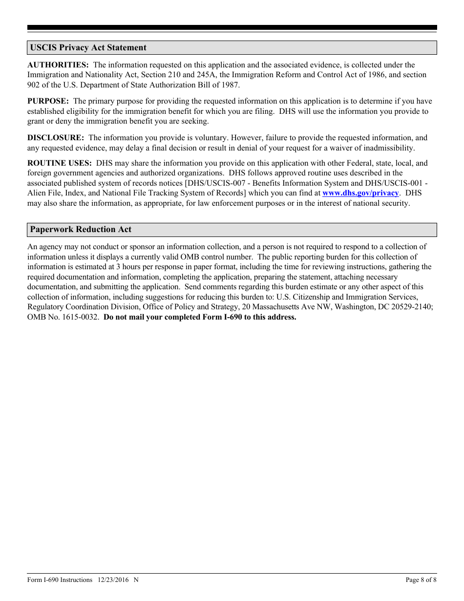 Instructions for USCIS Form I-690 Application for Waiver of Grounds of Inadmissibility, Page 8