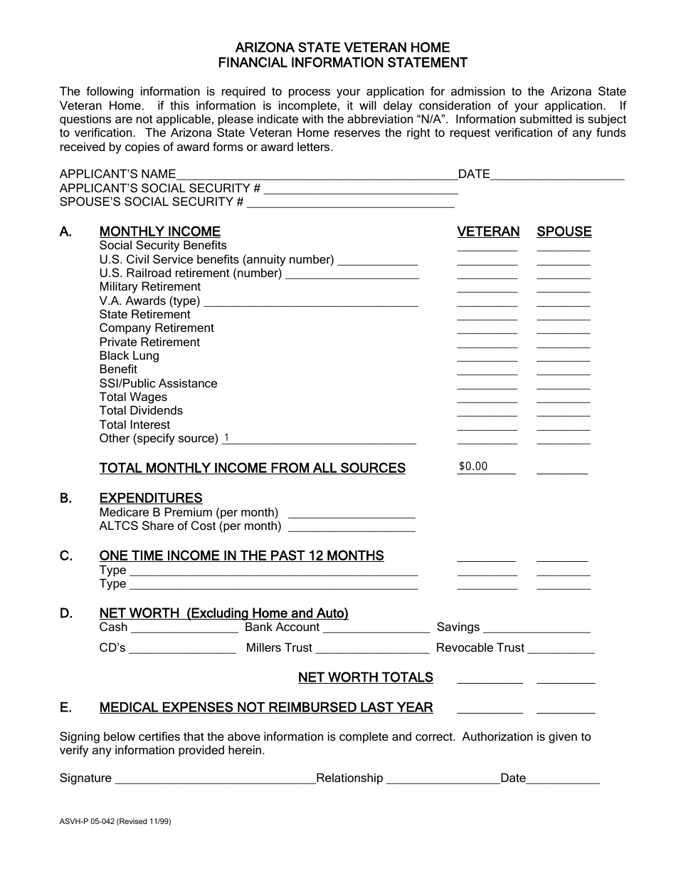 Form ASVH-P05-042 Arizona State Veteran Home Financial Information Statement - Arizona, Page 1