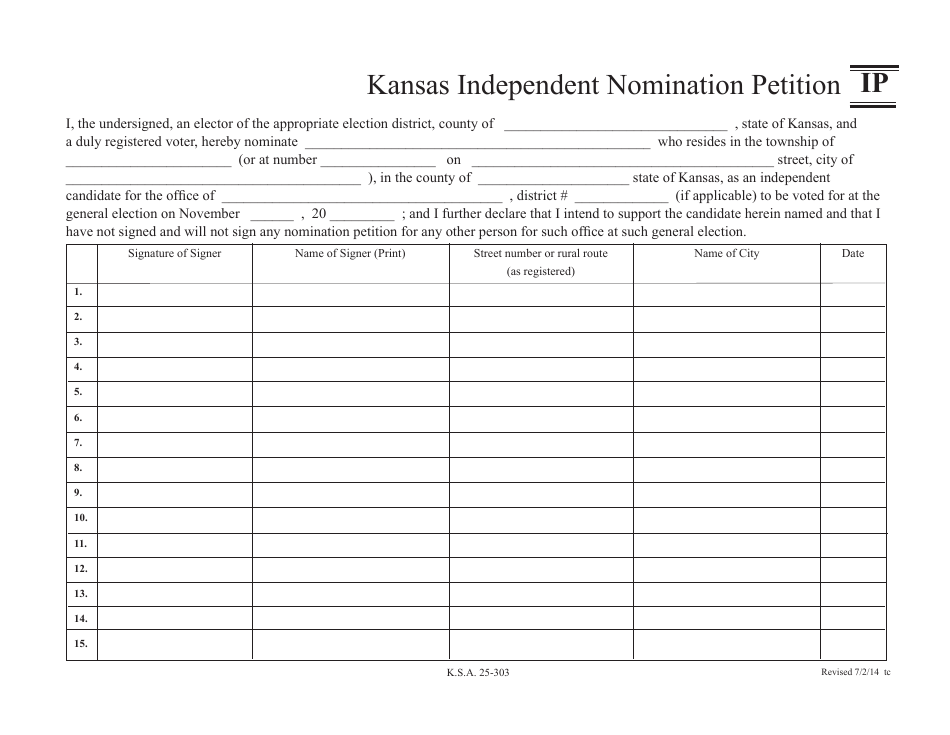 Form IP Kansas Independent Nomination Petition - Kansas, Page 1