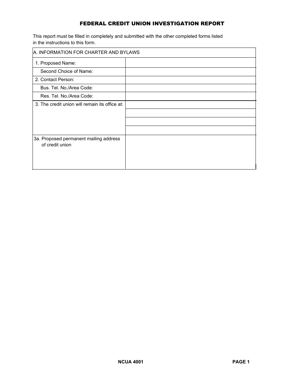 NCUA Form 4001 Federal Credit Union Investigation Report, Page 1
